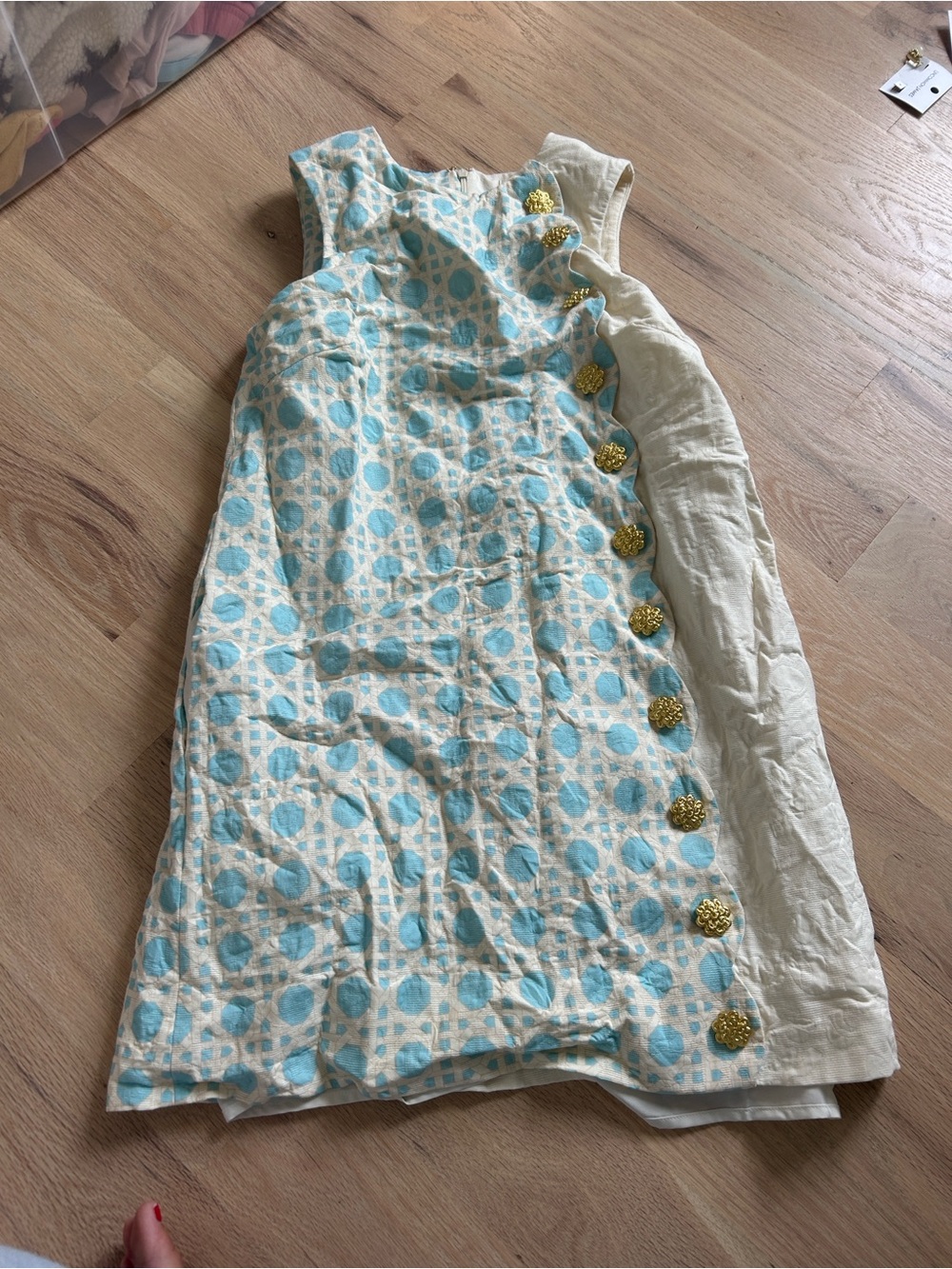 Sleeveless Light Blue & Cream Mini Dress with Gold Accent Buttons - Picture 2 of 5